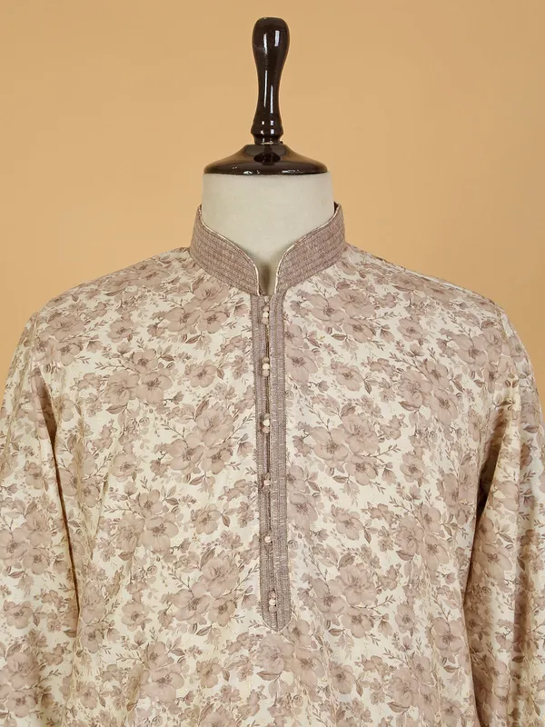 Off-white cotton floral printed  Men Kurta pajama