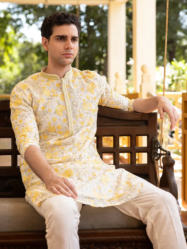 Off white cotton kurta pajama for men
