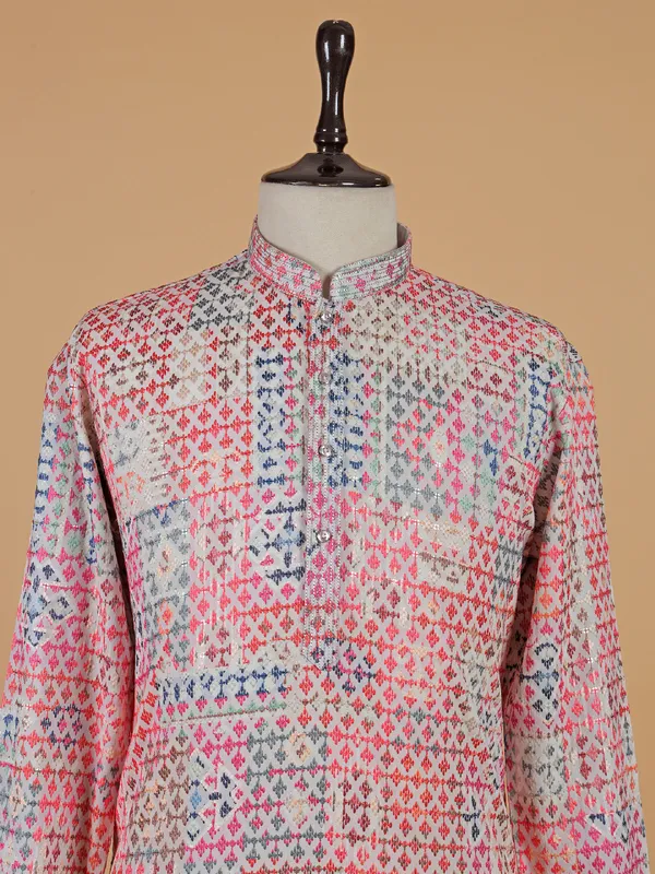 Off white cotton kurta suit with multicolor thread design