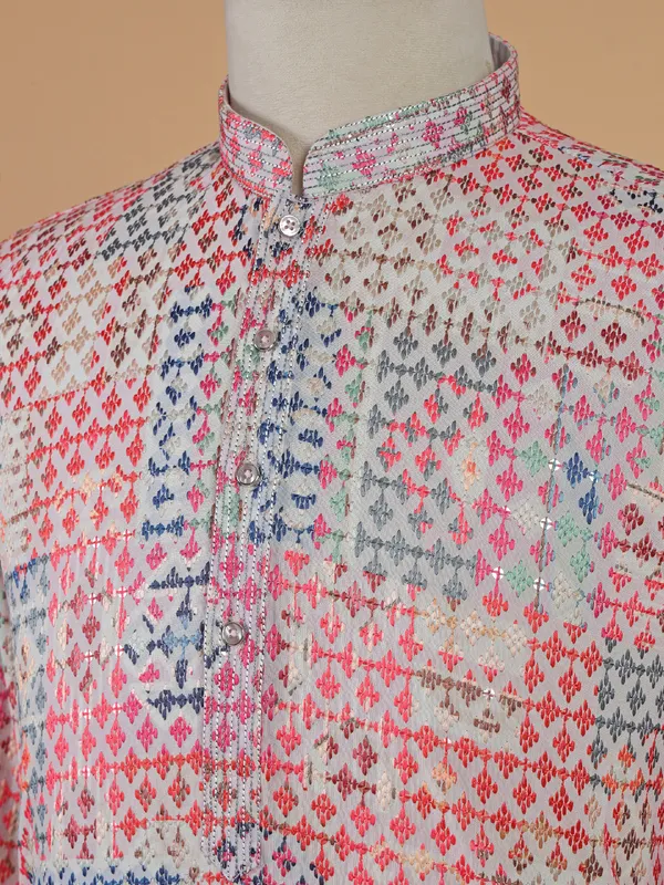 Off white cotton kurta suit with multicolor thread design