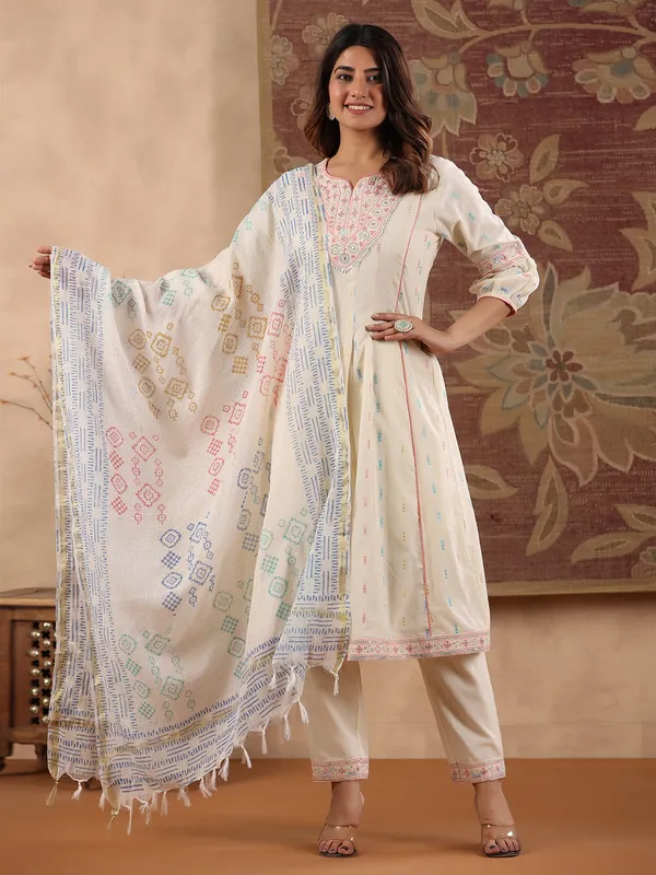 Off white cotton kurti set with dupatta