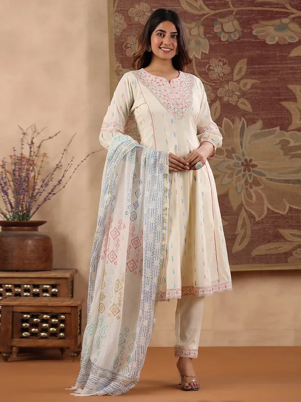 Off white cotton kurti set with dupatta