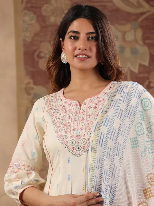 Off white cotton kurti set with dupatta