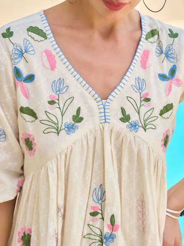 Off white cotton kurti with embroidery work