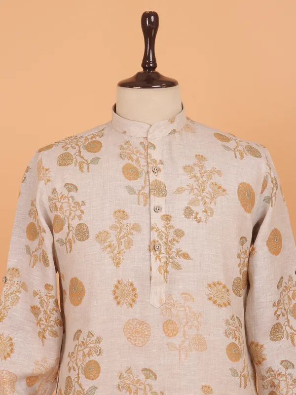 Off white cotton printed kurta set for men