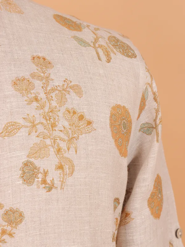 Off white cotton printed kurta set for men