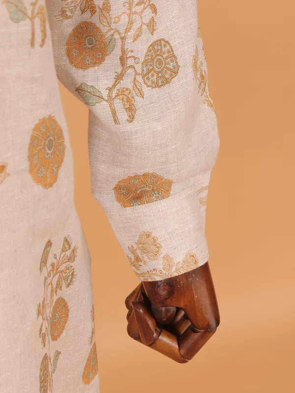 Off white cotton printed kurta set for men