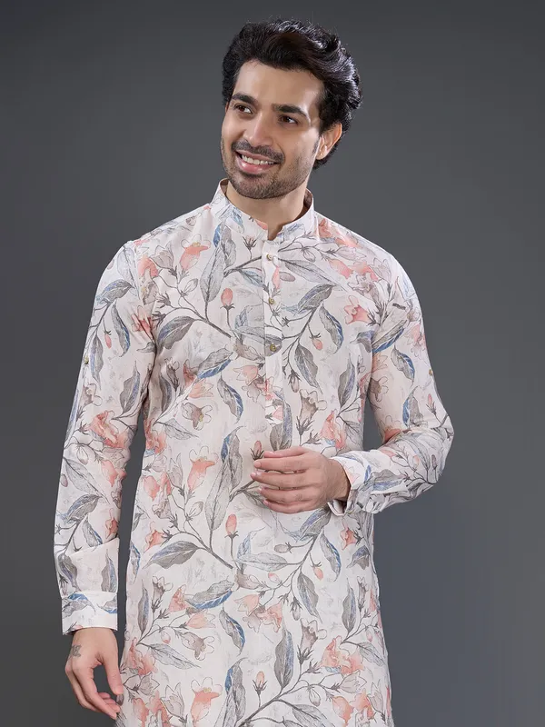 Off white cotton printed kurta suit