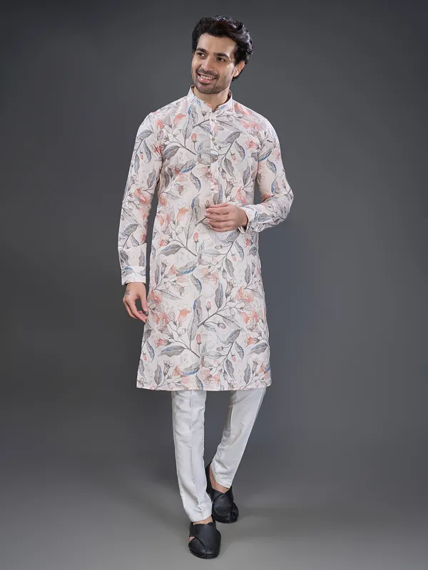 Off white cotton printed kurta suit