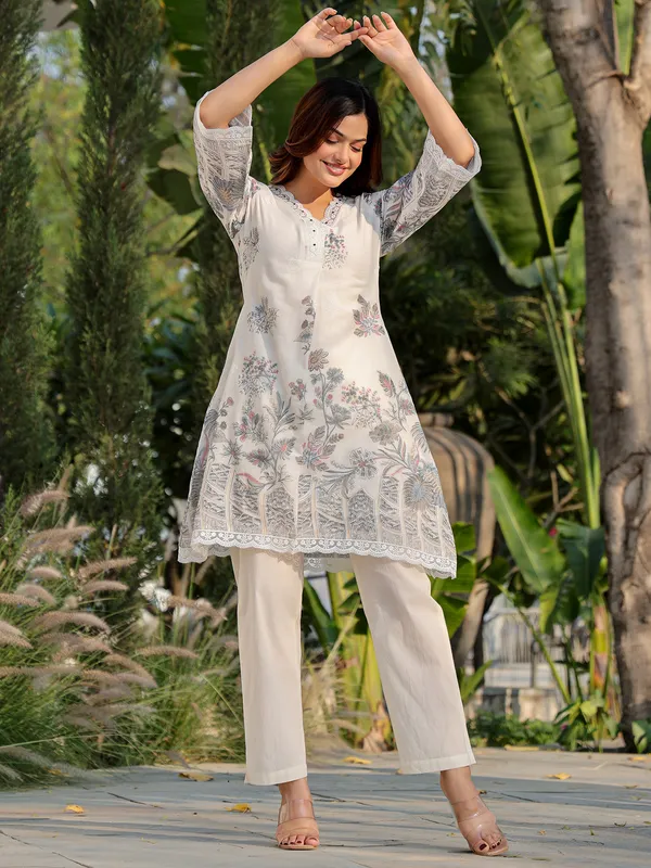 Off white cotton printed kurti set for women festive wear