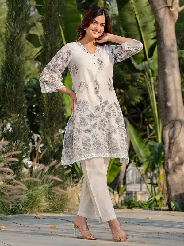 Off white cotton printed kurti set for women festive wear