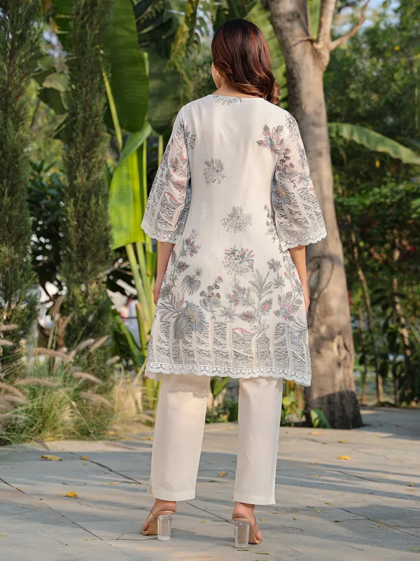 Off white cotton printed kurti set for women festive wear