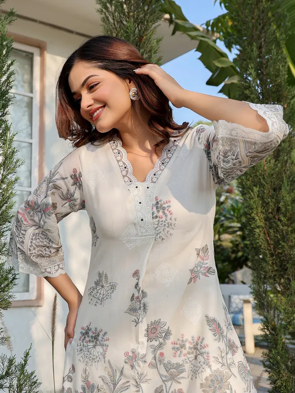 Off white cotton printed kurti set for women festive wear