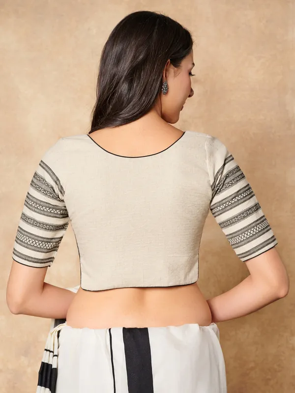 Off white cotton round neck ready made long blouse
