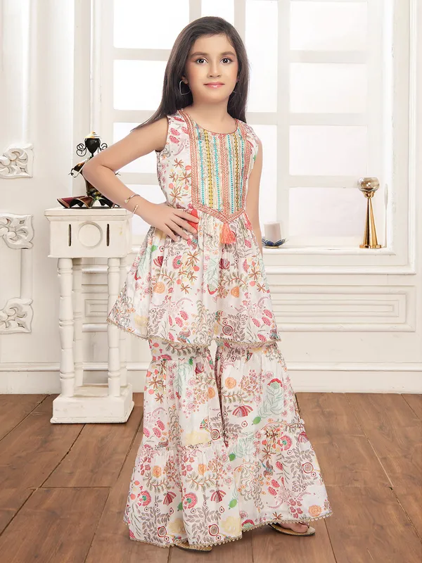 Off white cotton round neck sharara suit
