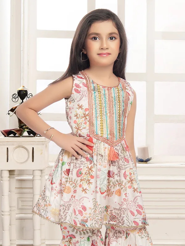 Off white cotton round neck sharara suit