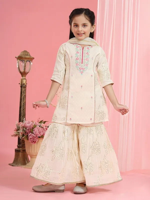 Off white cotton sharara designer suit with dupatta