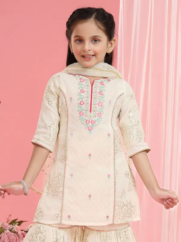 Off white cotton sharara designer suit with dupatta