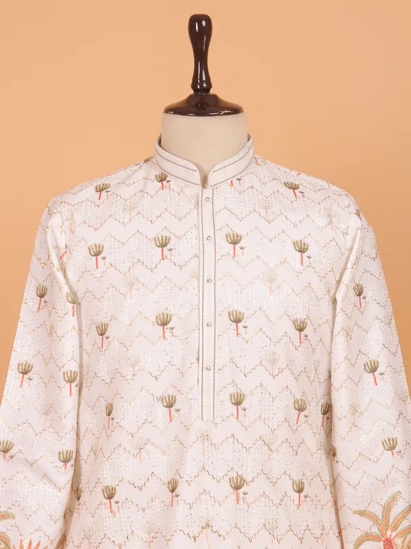 Off white cotton silk festive kurta set for men