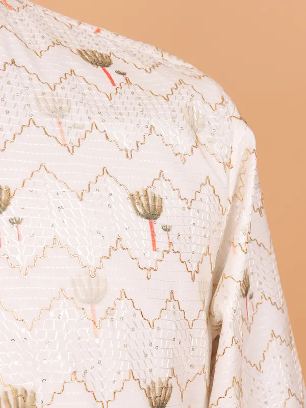 Off white cotton silk festive kurta set for men