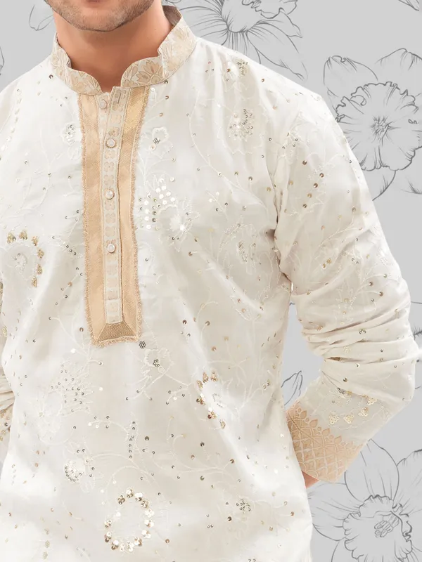 Off white cotton silk kurta pajama for men