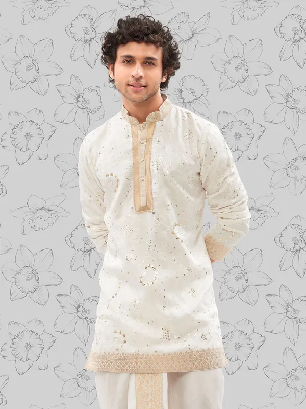 Off white cotton silk kurta pajama for men