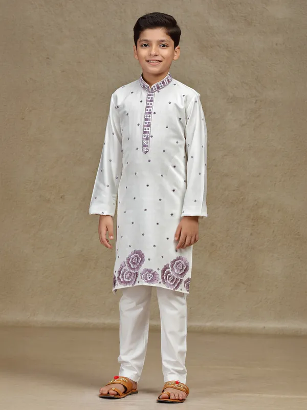 Off white cotton silk kurta suit for boys