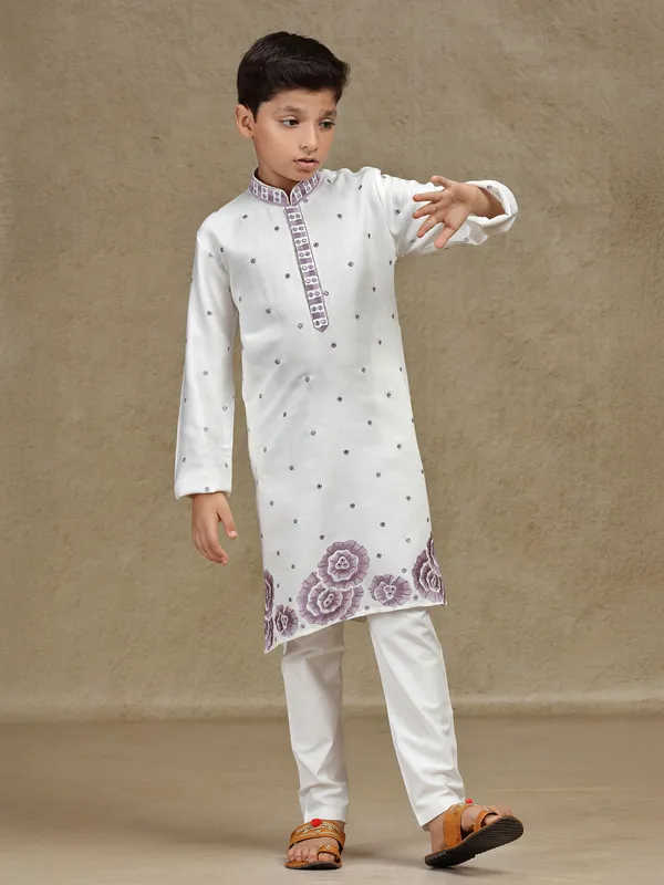 Off white cotton silk kurta suit for boys