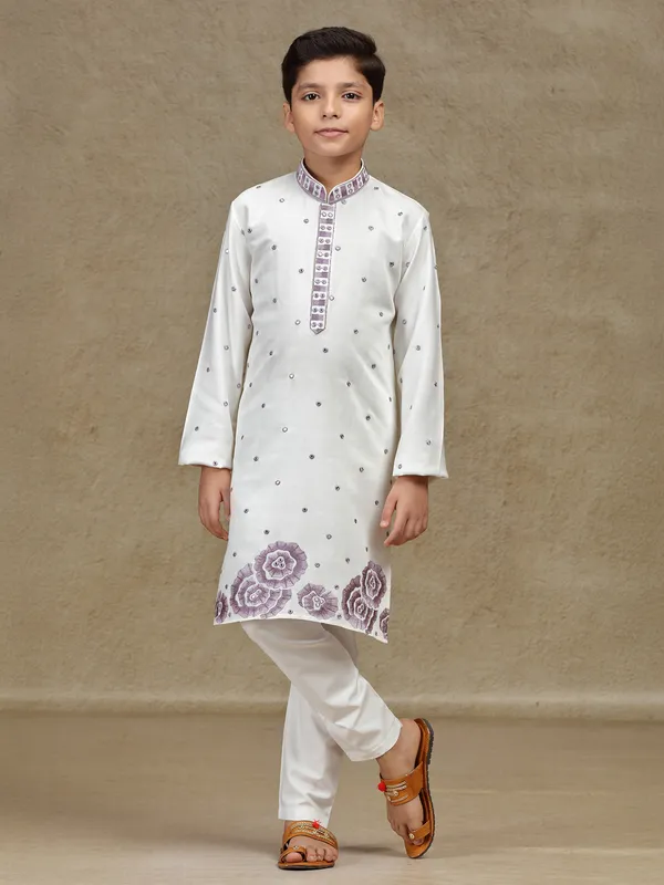 Off white cotton silk kurta suit for boys