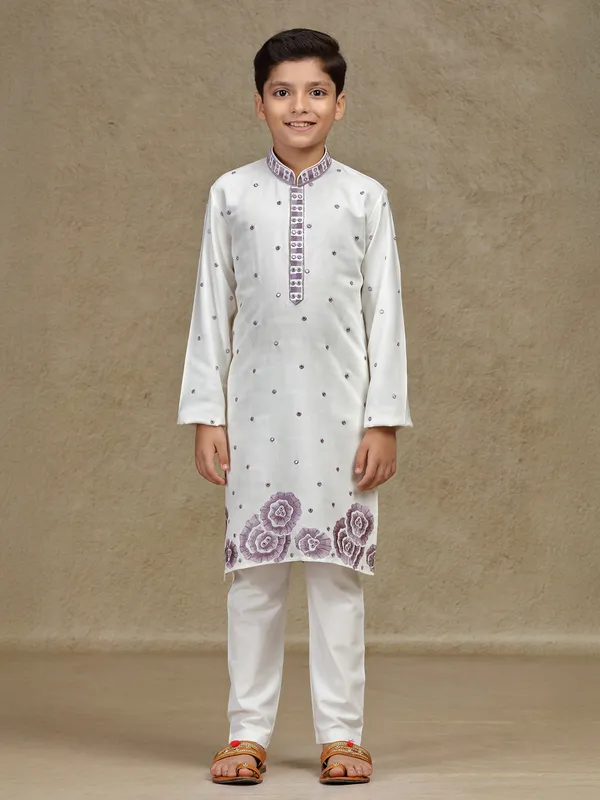 Off white cotton silk kurta suit for boys