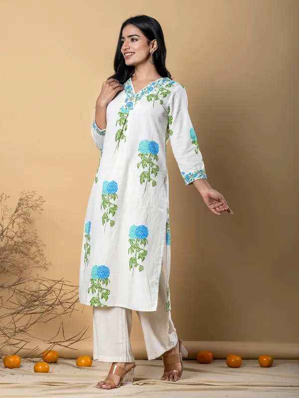 Off white cotton silk printed kurti palazzo set for women