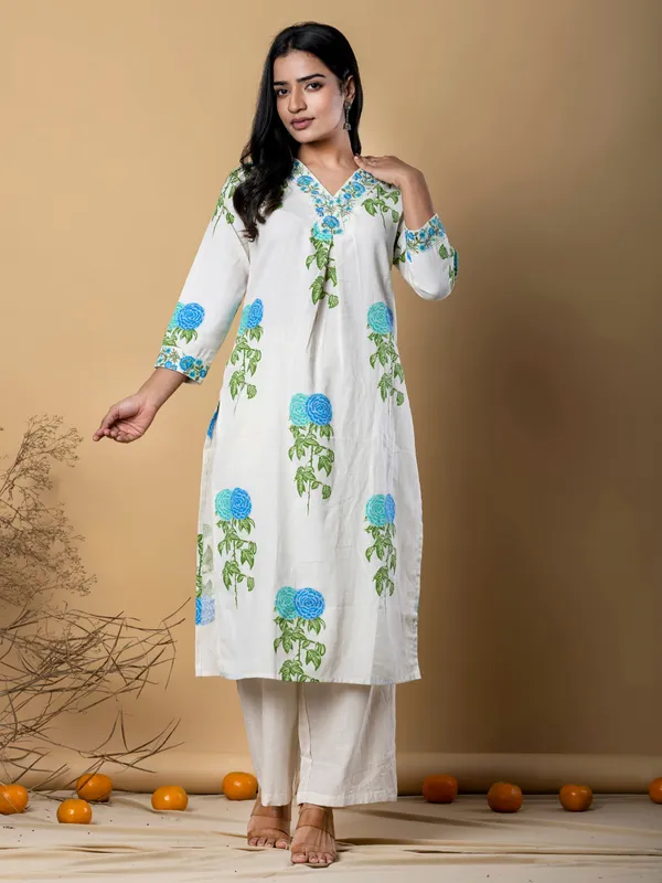 Off white cotton silk printed kurti palazzo set for women