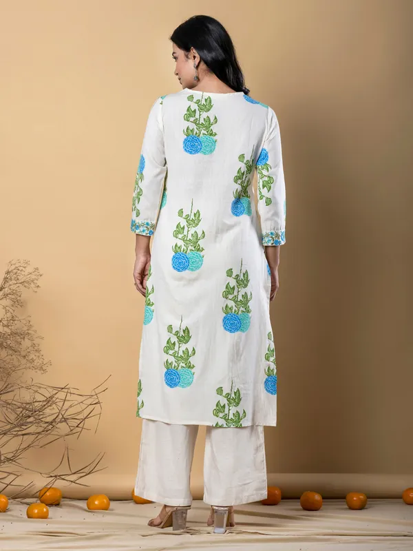 Off white cotton silk printed kurti palazzo set for women
