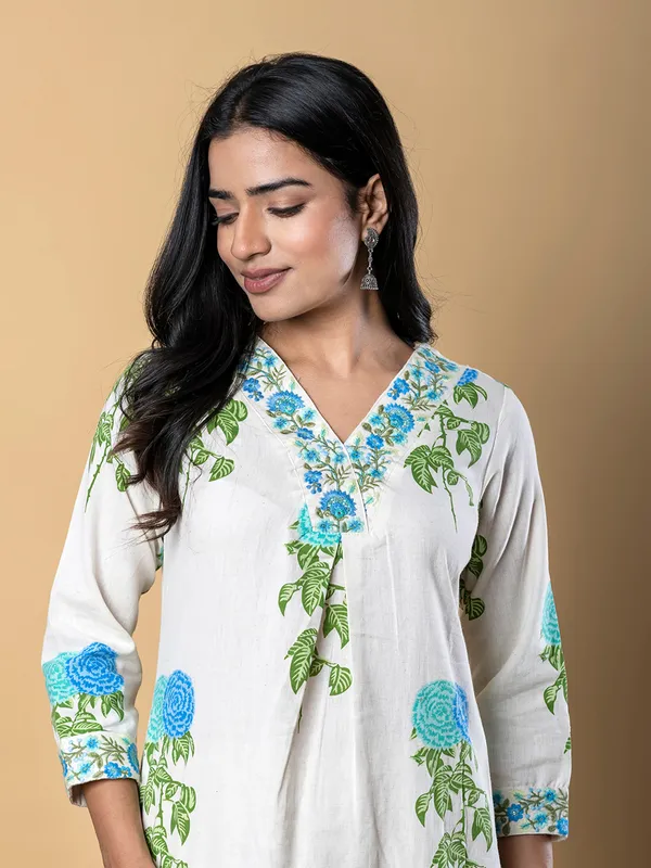 Off white cotton silk printed kurti palazzo set for women