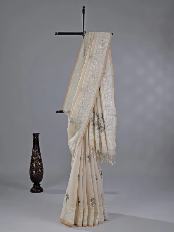 Off white cotton silk saree for festival