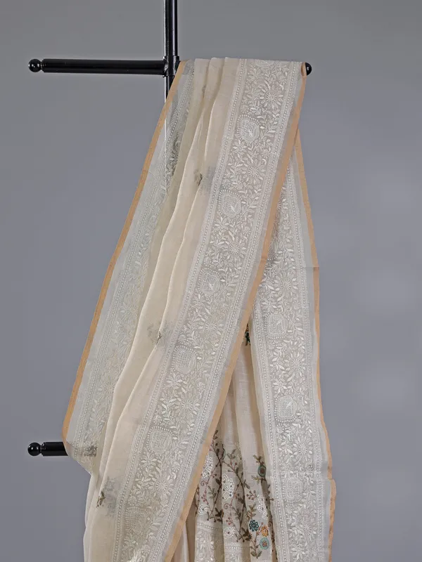 Off white cotton silk saree for festival