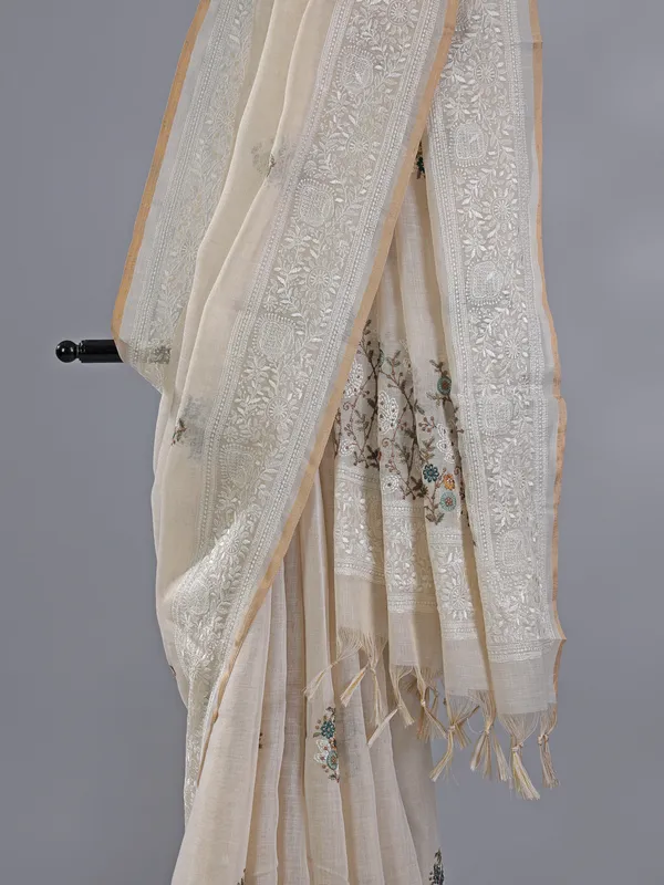 Off white cotton silk saree for festival
