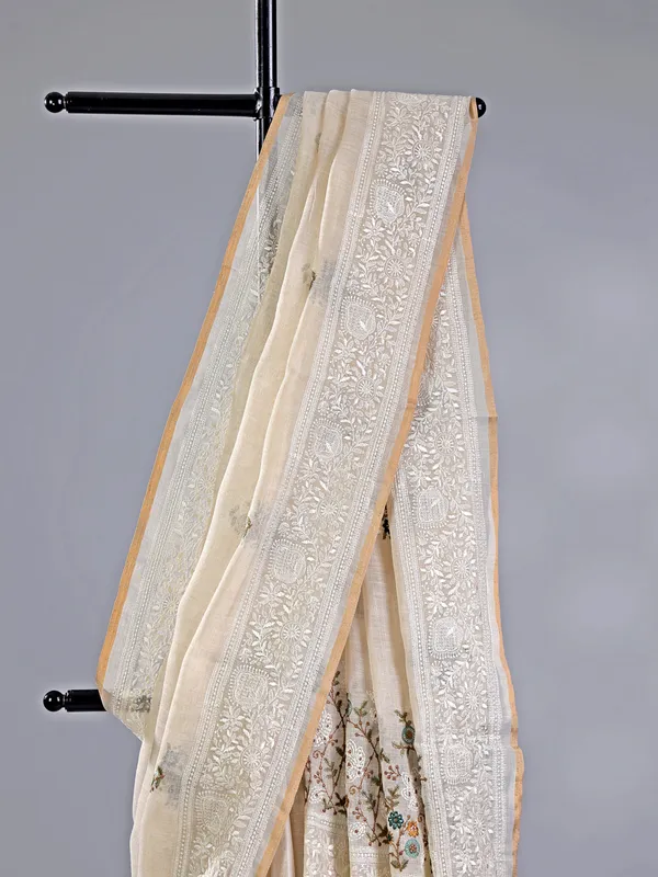 Off white cotton silk saree for festival