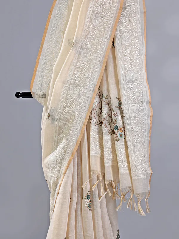Off white cotton silk saree for festival