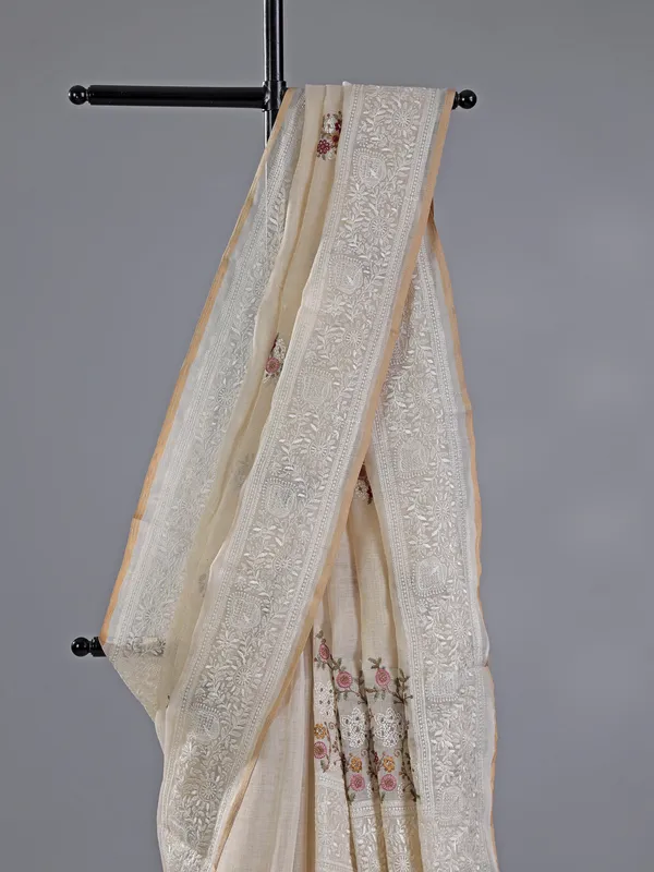 Off white cotton silk saree for festive wear