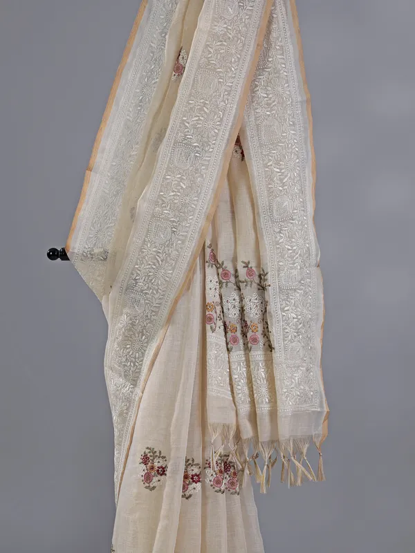 Off white cotton silk saree for festive wear