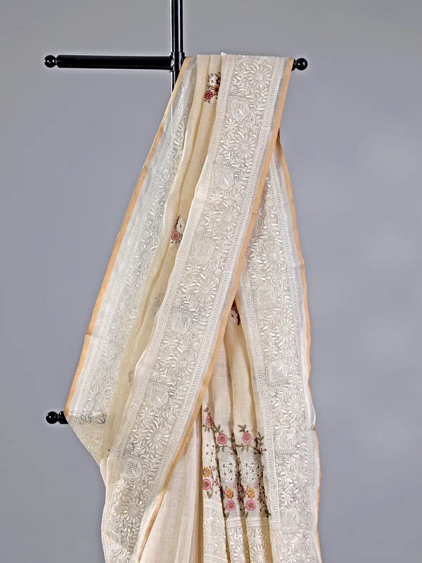 Off white cotton silk saree for festive wear