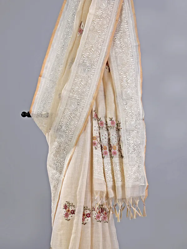 Off white cotton silk saree for festive wear