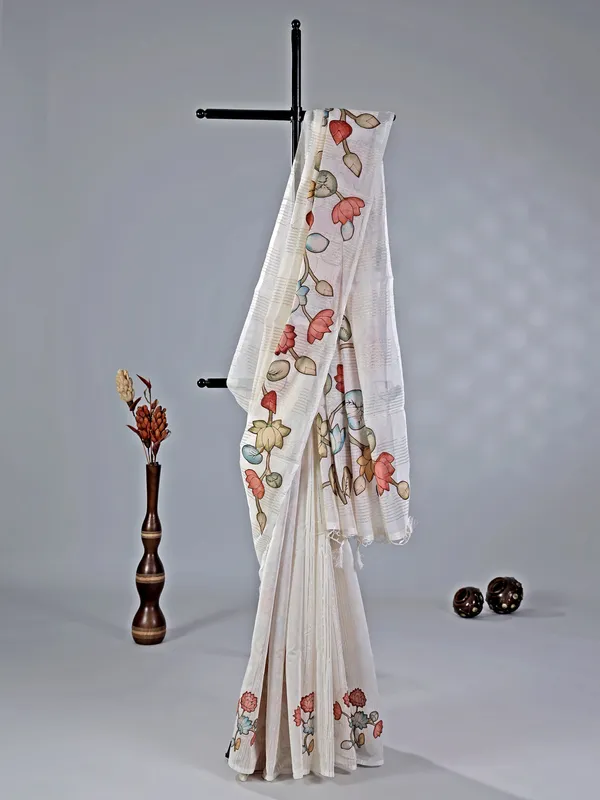 Off white cotton silk saree with print