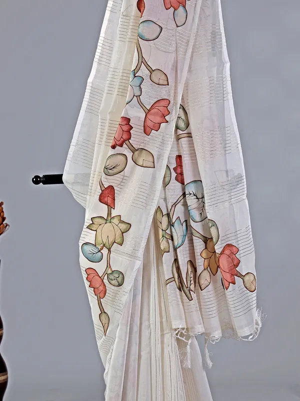 Off white cotton silk saree with print