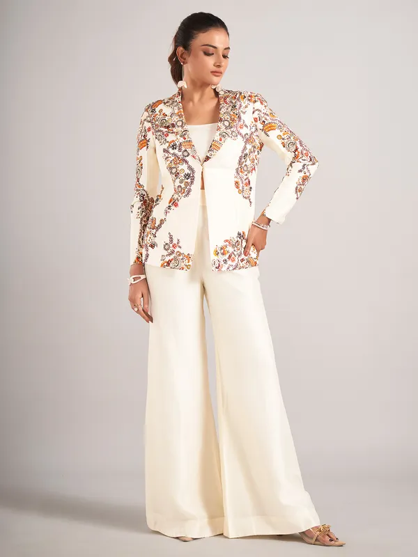 Off-white designer silk palazzo suit