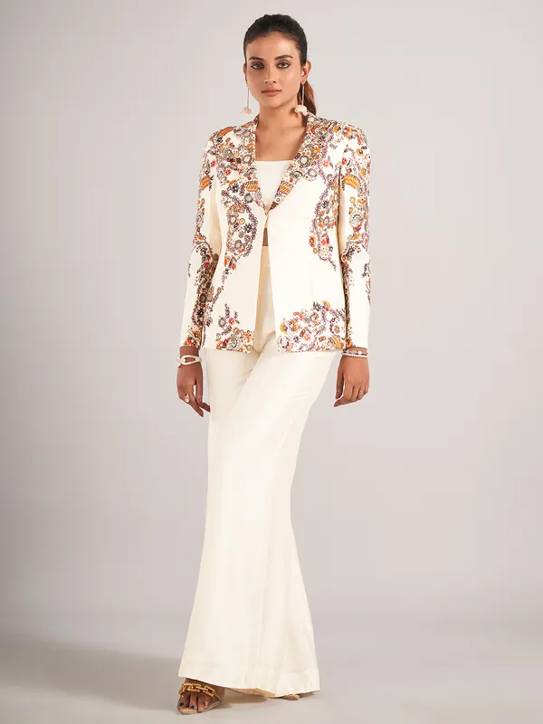 Off-white designer silk palazzo suit