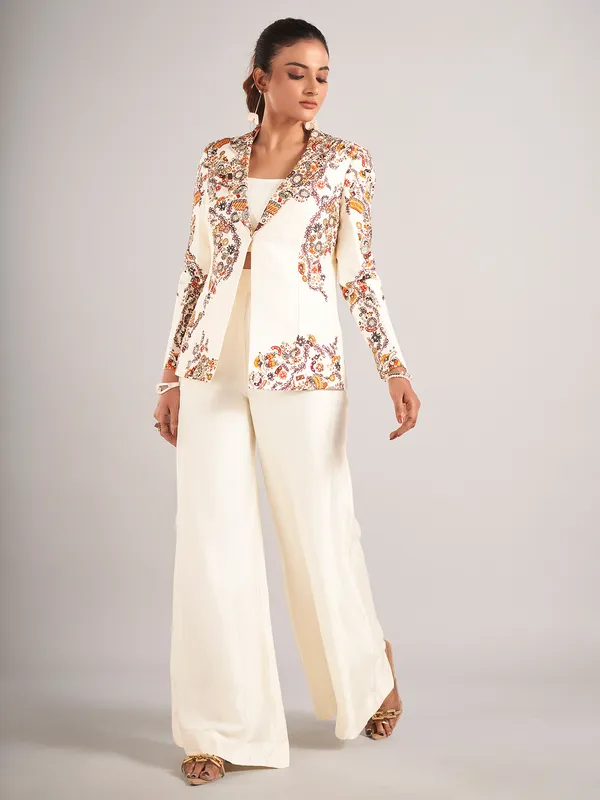 Off-white designer silk palazzo suit