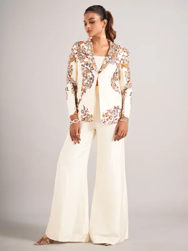 Off-white designer silk palazzo suit