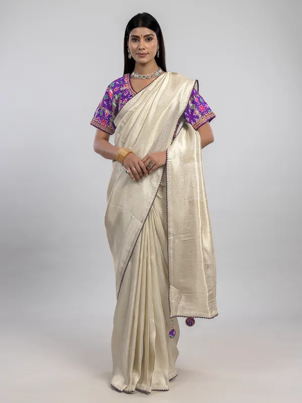 Off white dola silk festive saree with readymade blouse